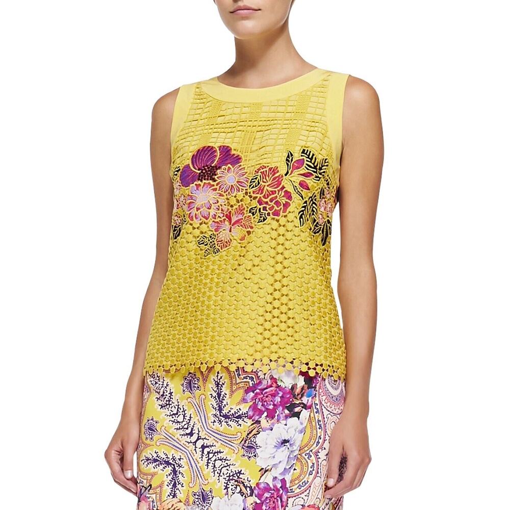 ETRO 40 US/4 Sleeveless Embroidered Lace Flower Sleeveless Top Yellow NWT $1,640